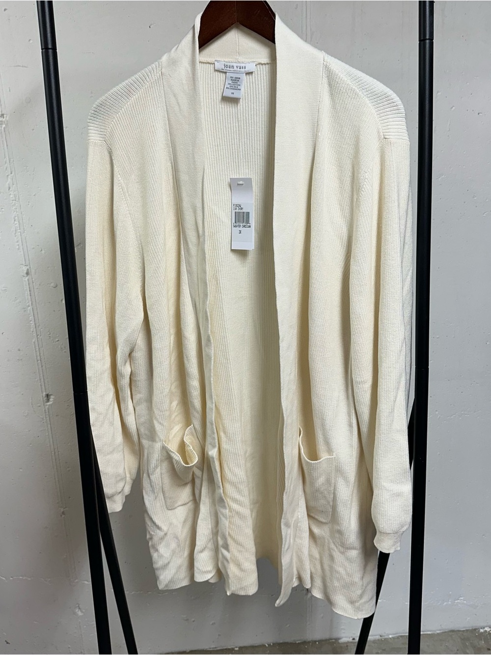 Joan Vass Ivory Open-Front Knit Cardigan with Pockets